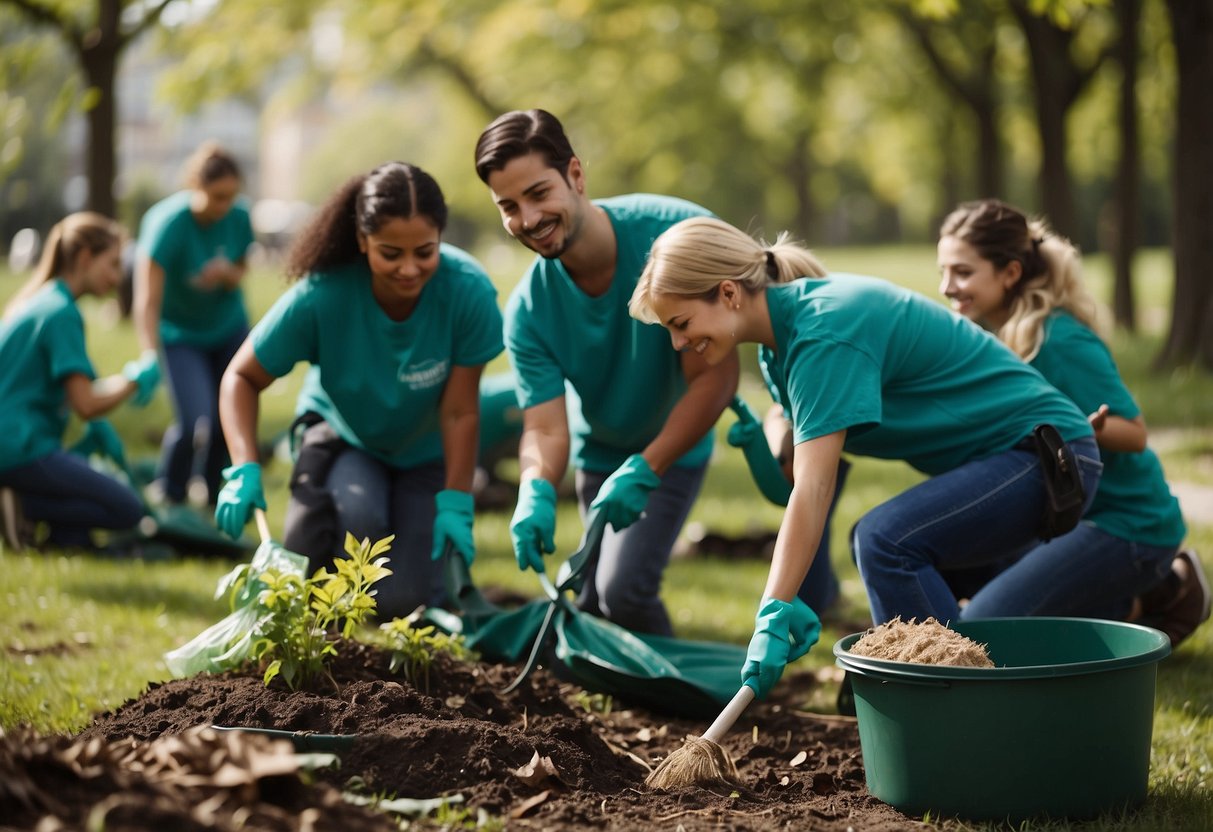 A group of volunteers cleaning up a park, planting trees, and collecting trash to teach social responsibility