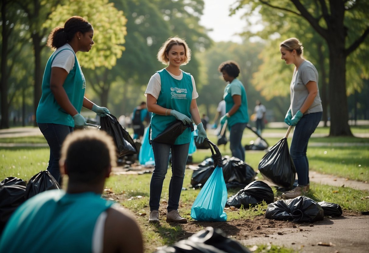 A group of people gathering trash bags, gloves, and pickers. They are cleaning up a park, with trees and a playground in the background