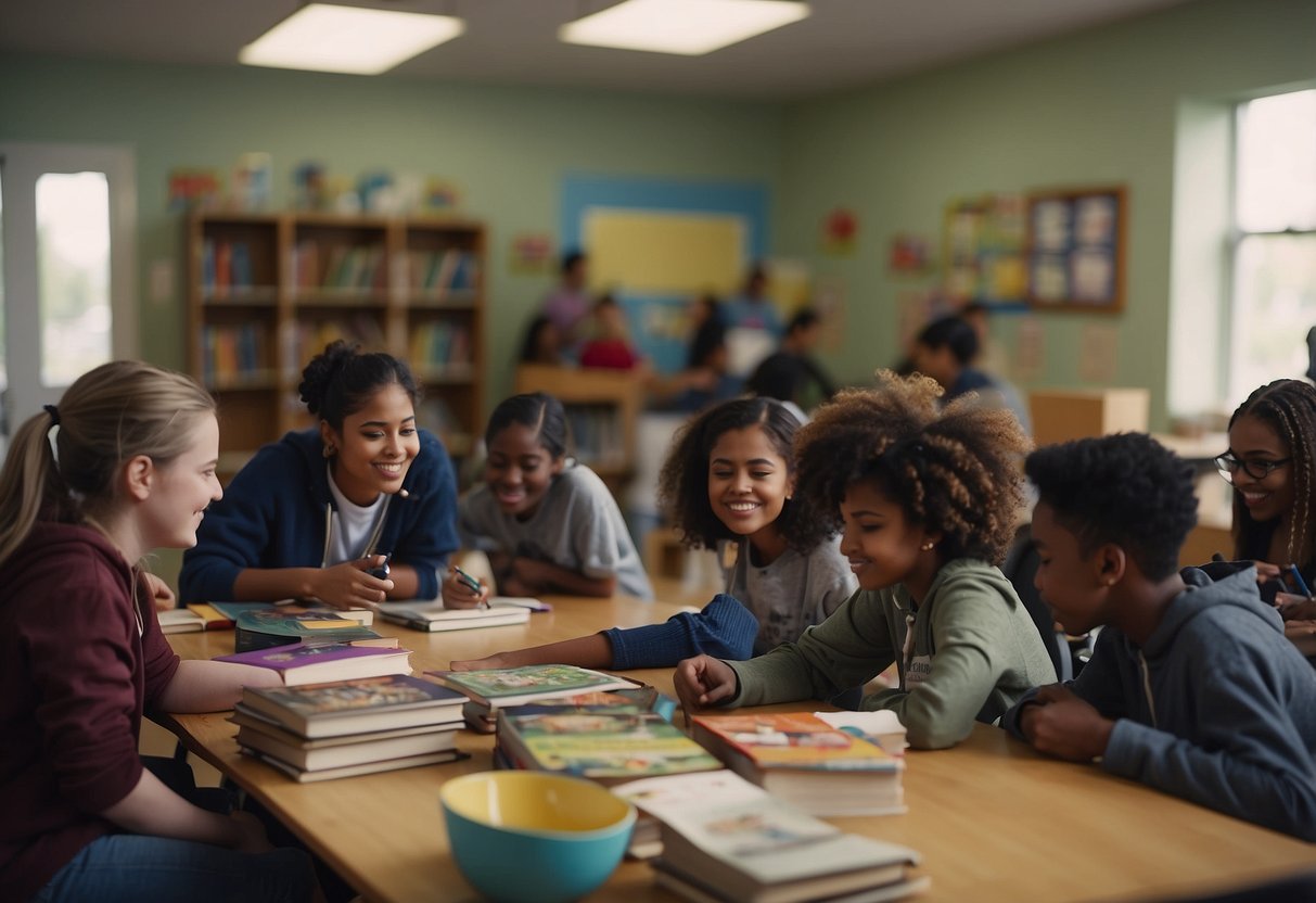 A group of students engage in educational activities with volunteers in a community center, surrounded by books, art supplies, and learning materials