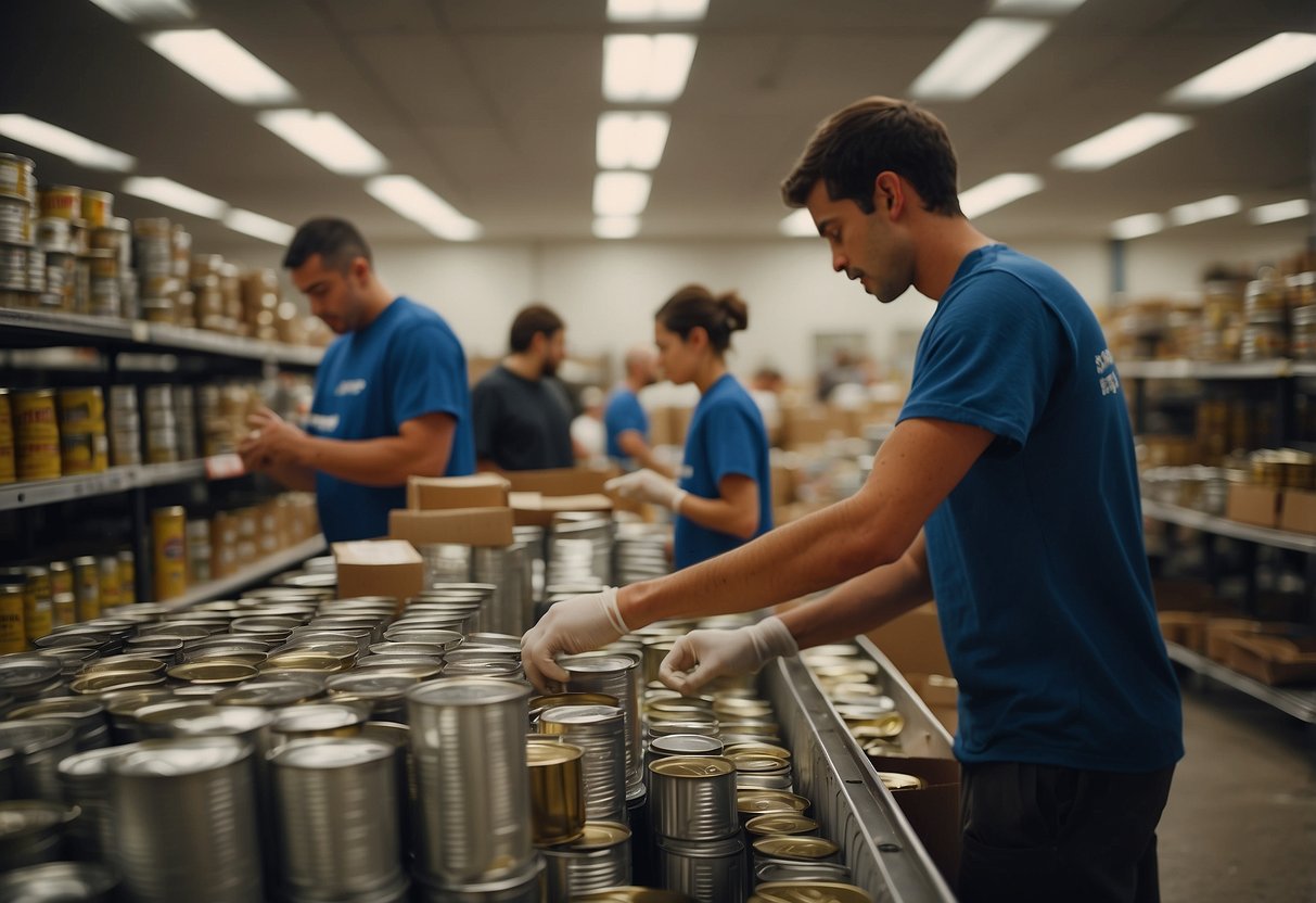 People sorting and organizing canned goods and non-perishable items on shelves in a bustling food bank