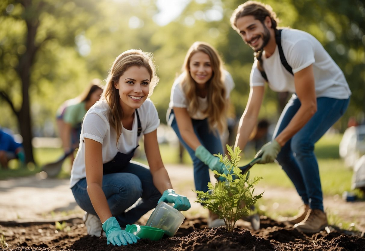 A group of volunteers planting trees, cleaning up a beach, and collecting recyclables in a park, demonstrating social responsibility