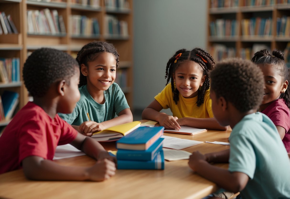 A group of diverse children sitting at a table, surrounded by books and educational materials. A volunteer is engaged in teaching and supporting them