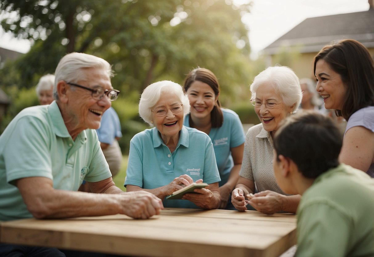 A group of volunteers interact with elderly individuals, participating in activities such as reading, playing games, and gardening, fostering a sense of social responsibility and compassion