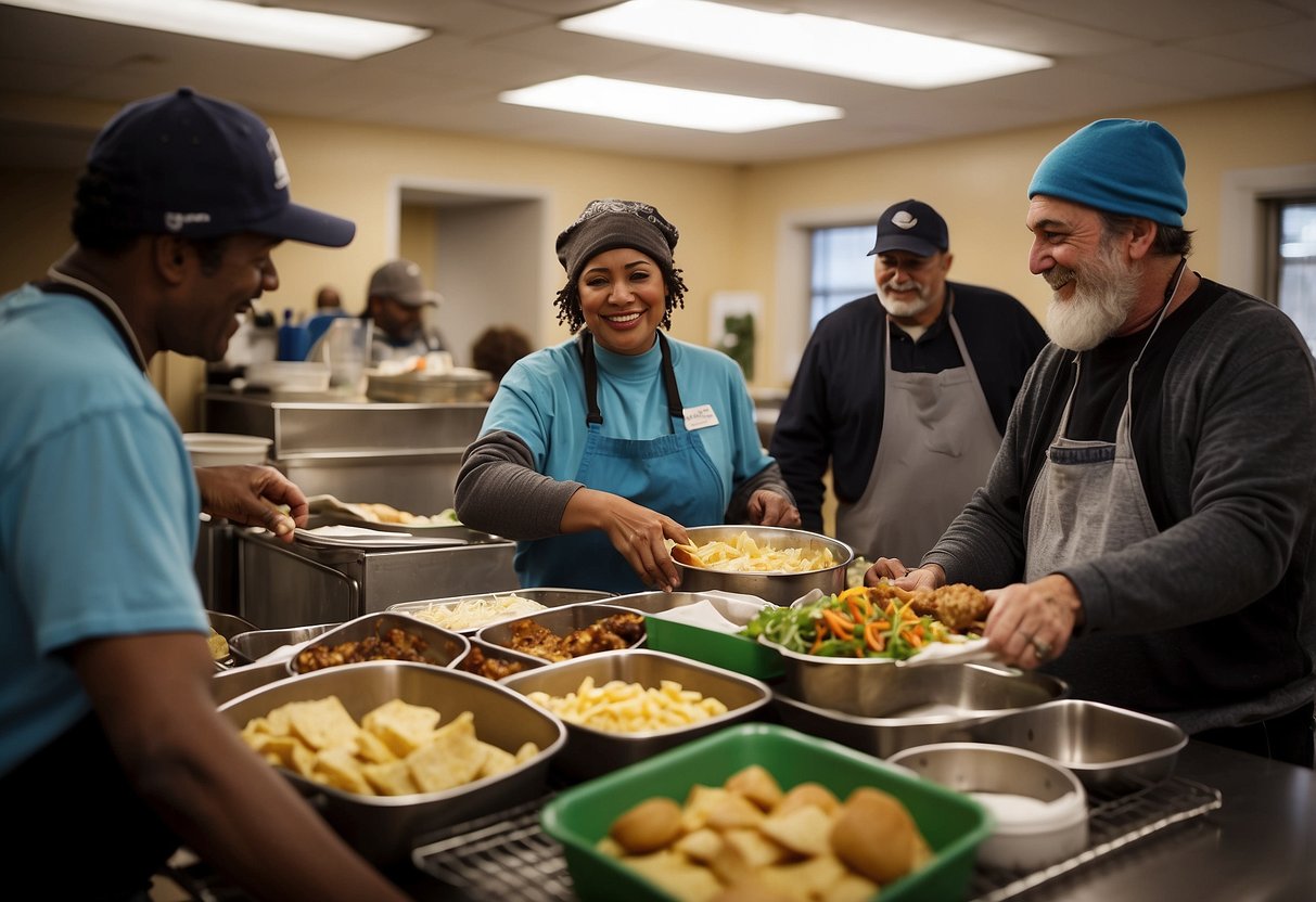 Volunteers serving food and supplies at a homeless shelter, interacting with residents and providing support