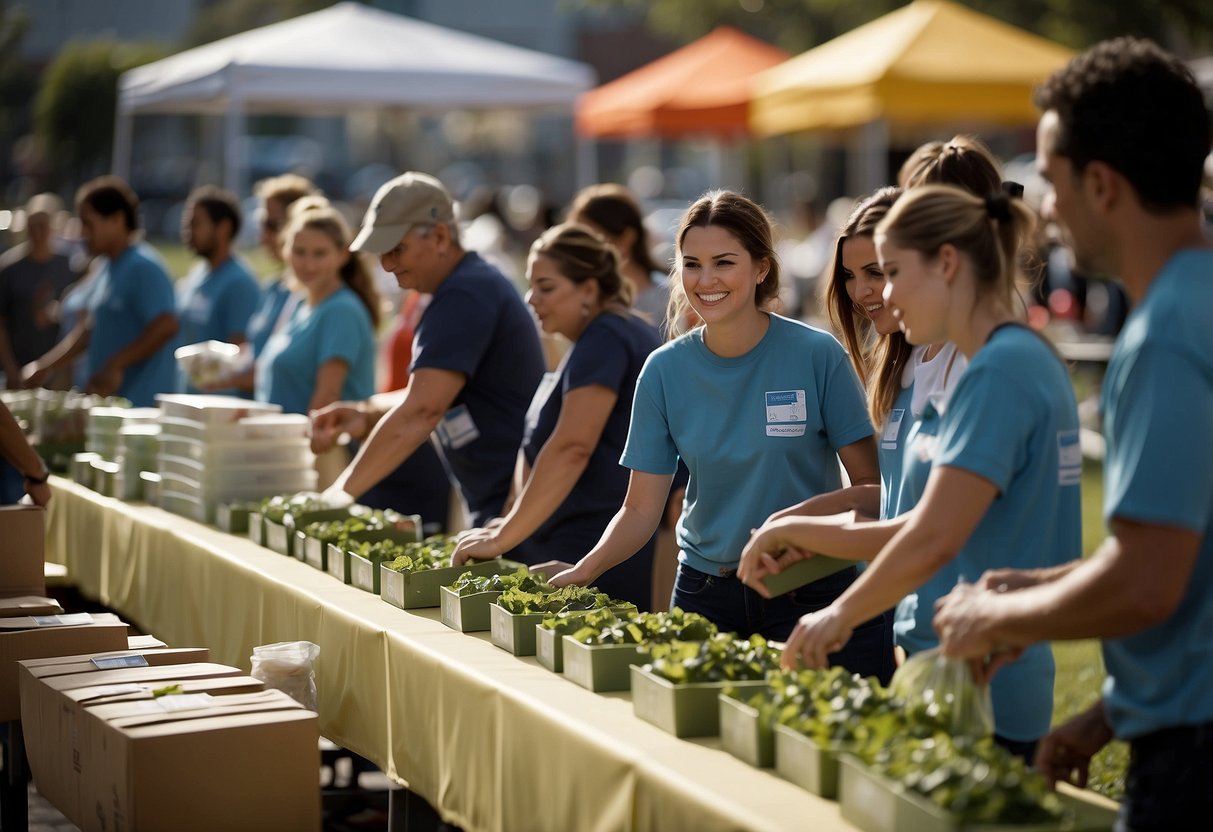 A group of volunteers organize a charity event, setting up tables, banners, and donation boxes. They engage with the community, spreading awareness and collecting funds for various charitable organizations