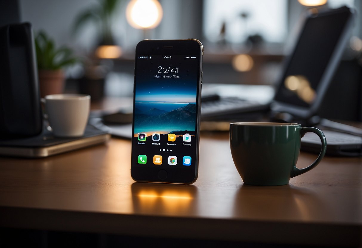 A phone with a glowing screen surrounded by a calm, organized workspace. A notebook filled with notes and a comforting mug of tea nearby