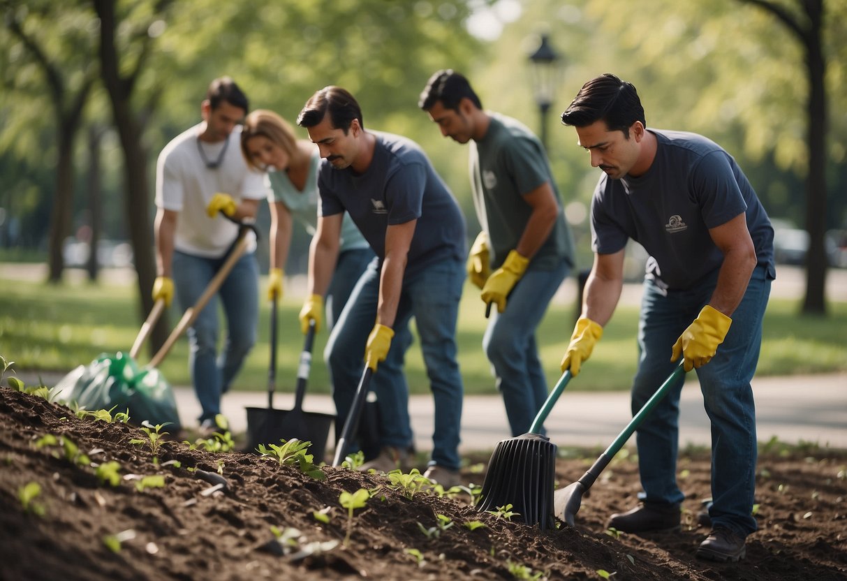 A group of people cleaning up a local park, planting trees, and collecting trash to promote environmental responsibility