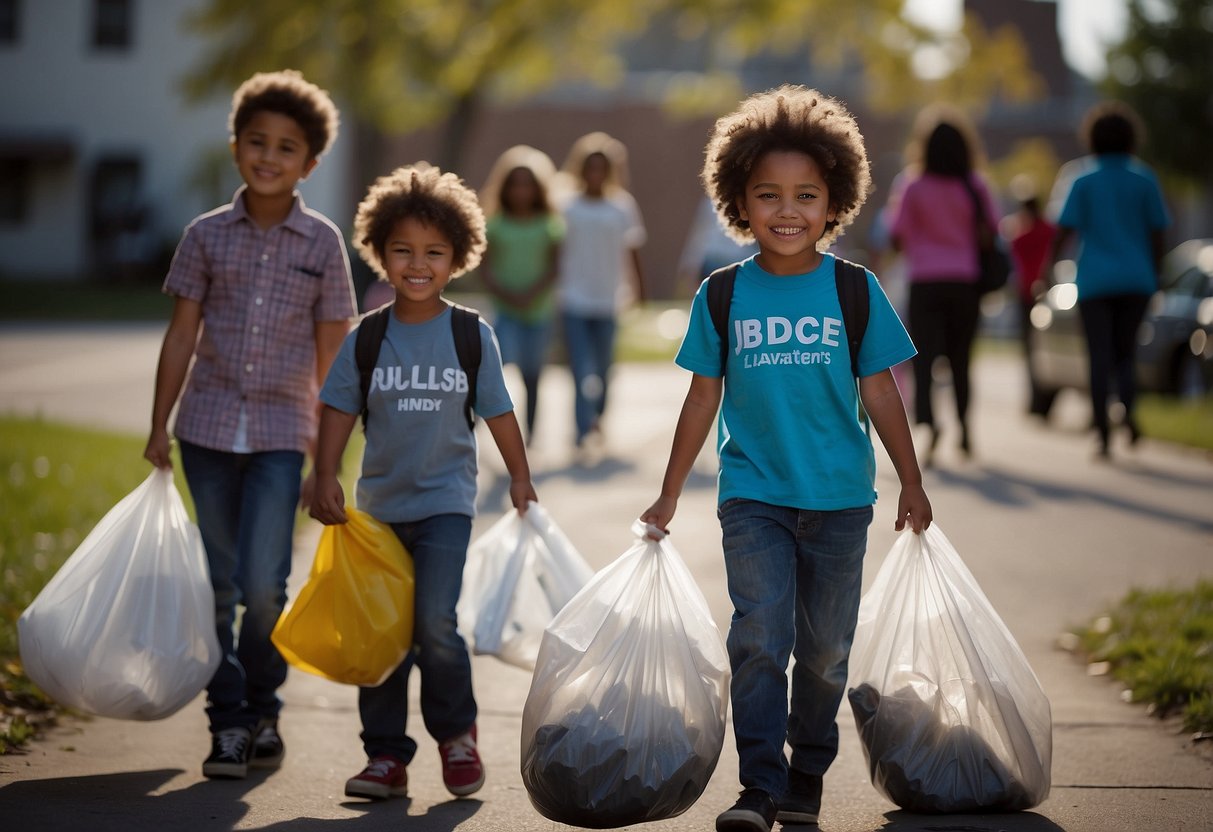 Children collecting and recycling trash, standing up to bullies, volunteering at a community center, donating to charity, participating in a protest, and advocating for social justice