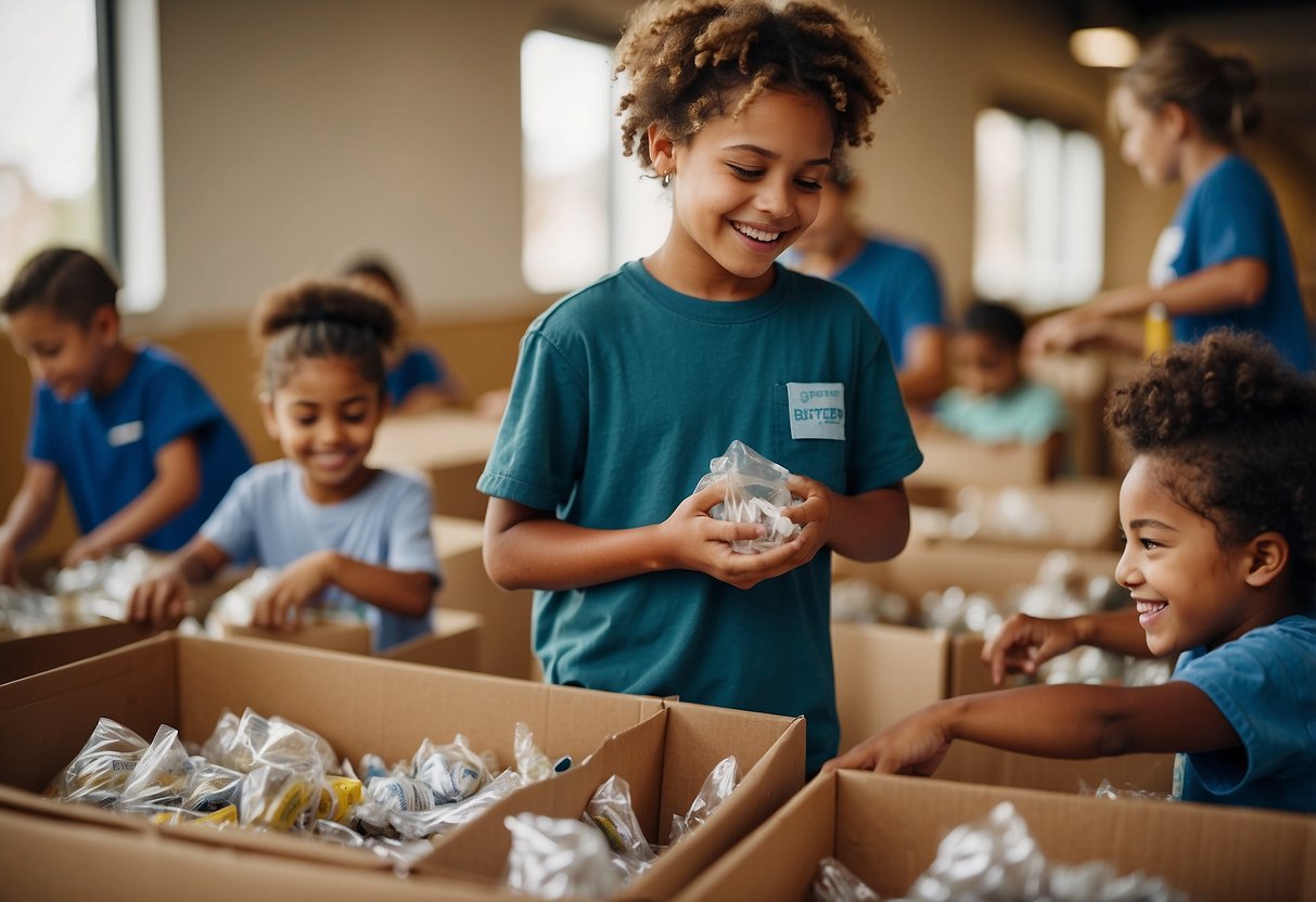 Children sorting donations at shelter, smiling while working together. Signs of empathy, kindness, and social awareness evident in their actions