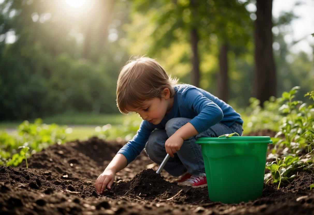 A child planting trees, recycling, and picking up litter. A compost bin, reusable water bottle, and a sign advocating for environmental awareness