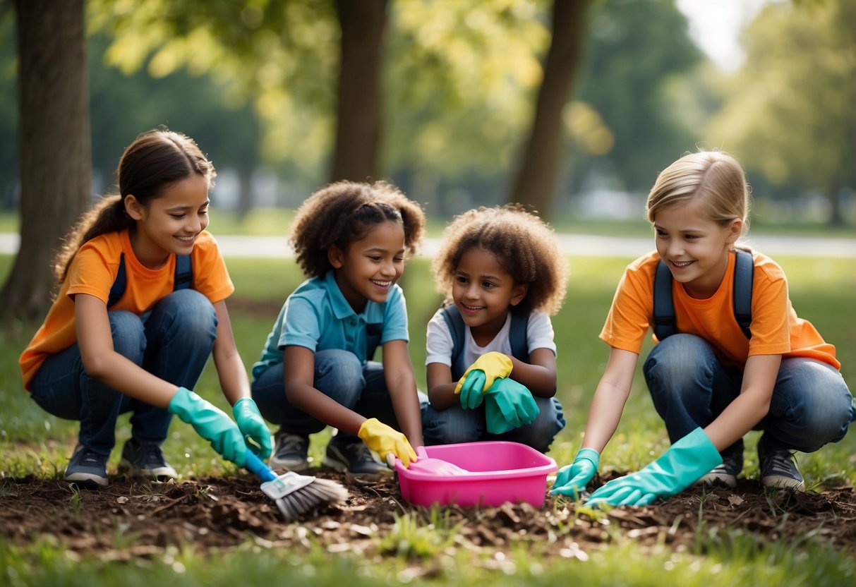 A group of children working together to clean up a park, picking up litter and smiling as they work towards a cleaner environment