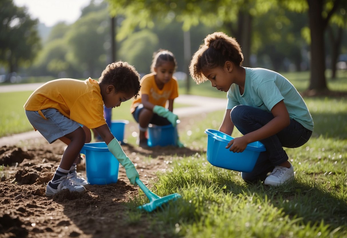 Children working together to clean up a park, donating toys to those in need, and participating in a community service project