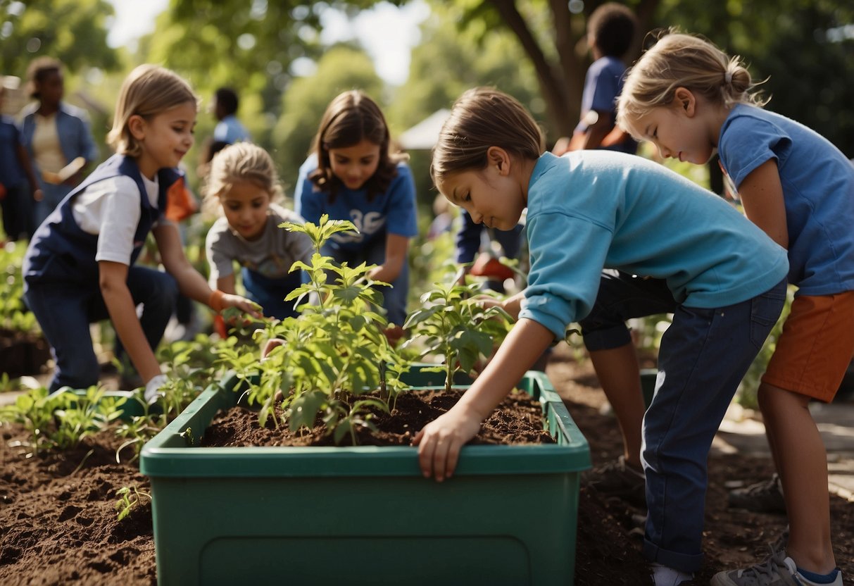 Children planting trees in a community garden, recycling bins at a school, a group cleaning up a park, a donation drive for a local charity, and a poster-making session for a social cause