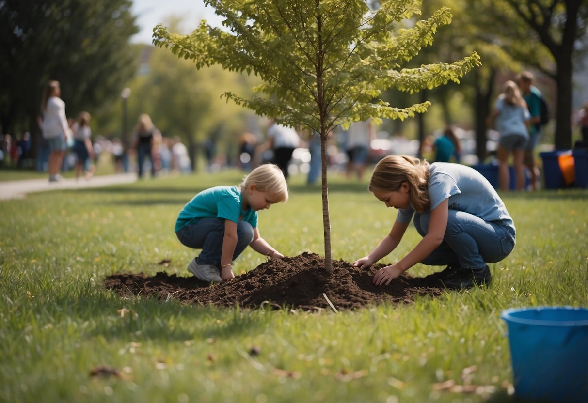 Children planting trees, picking up litter, painting murals, recycling, and making bird feeders in a community park for Clean-up Day