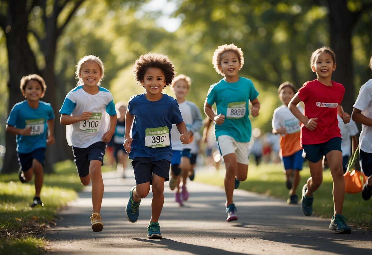 A group of kids running a marathon, raising funds for charity, cleaning up a park, planting trees, and collecting donations for a local food bank