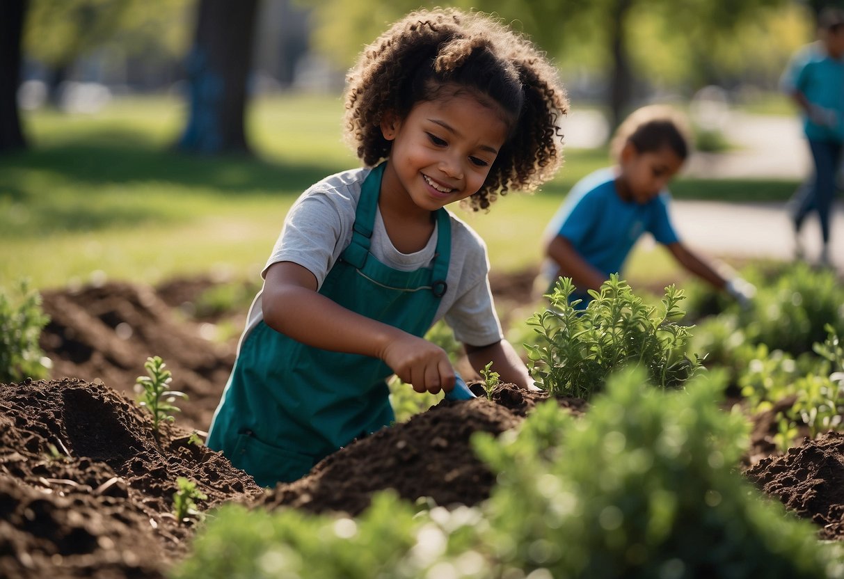 Children planting trees, cleaning up a park, donating toys, helping at a food bank, and creating art for a local charity