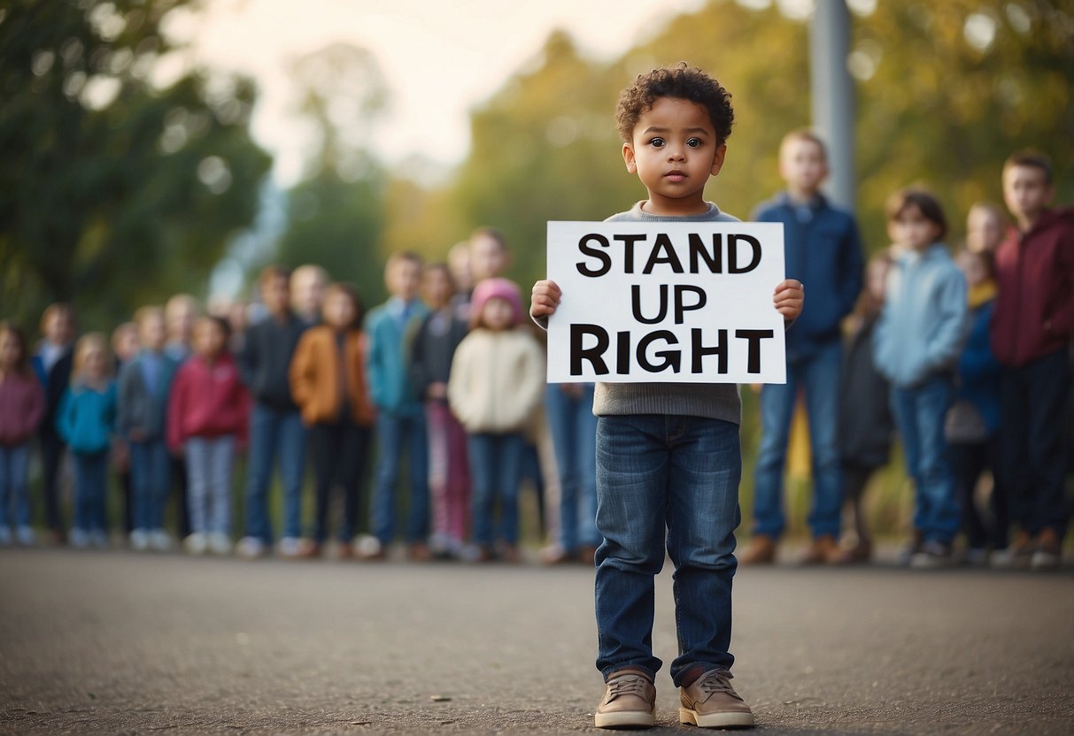 A child stands tall, facing a group of peers, with a look of determination on their face. They hold a sign with the words "Stand Up for What's Right" written boldly