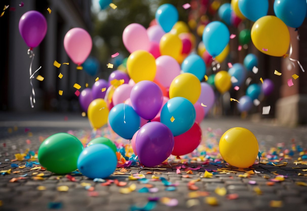 A group of colorful balloons floating in the air, with confetti scattered on the ground. A banner with the words "Celebrate Small Wins" hangs in the background