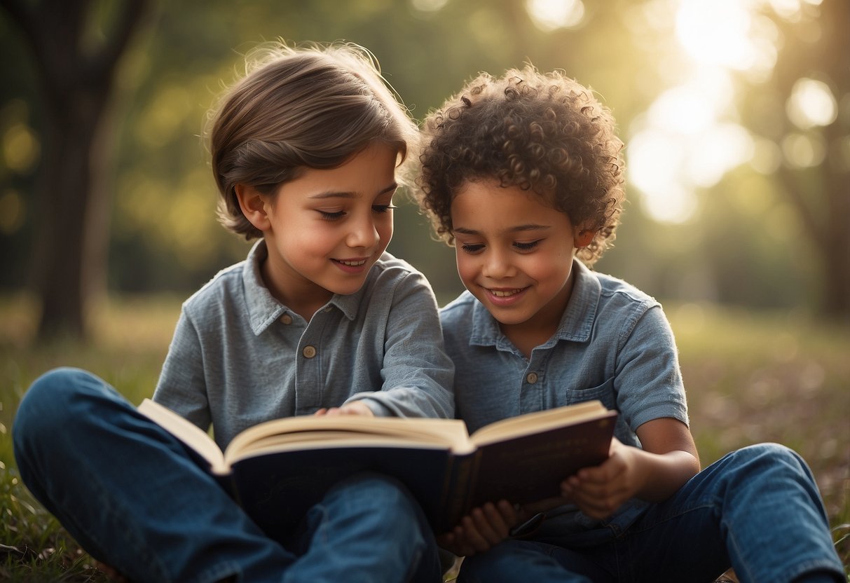 Children reading a book with a title "Inspirational Stories 8 Ways to Encourage Your Child to Stand Up for What’s Right" with a thoughtful expression on their face