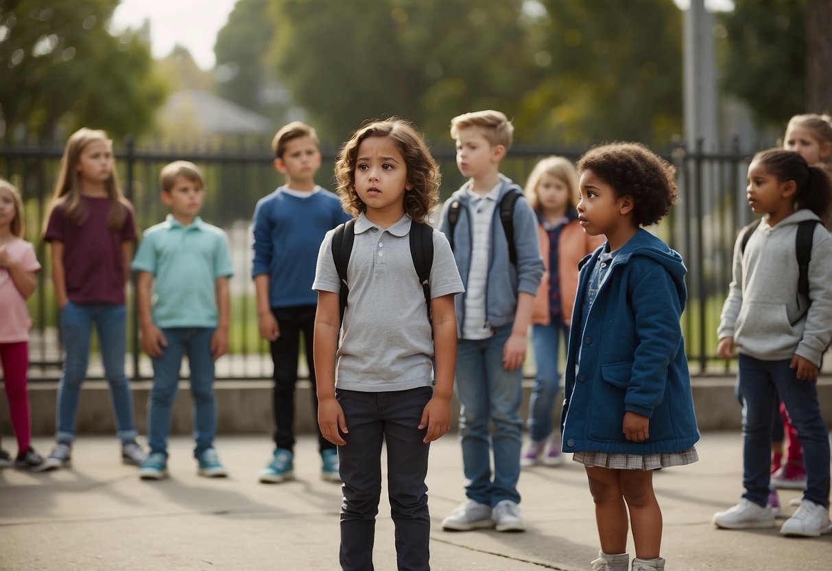 Children standing up for what's right: A group of kids facing a bully on the playground, speaking up for a friend, or peacefully protesting unfair rules