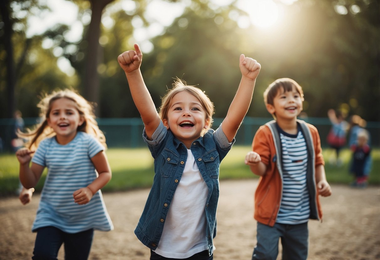 Children playing together on a playground, cheering on a peer who is standing up to a bully. The other children are smiling and clapping, creating a positive and supportive environment