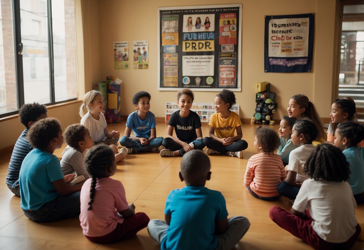 A diverse group of children sit in a circle, listening to an adult read from a book about social justice. Posters and artwork about equality and diversity adorn the walls