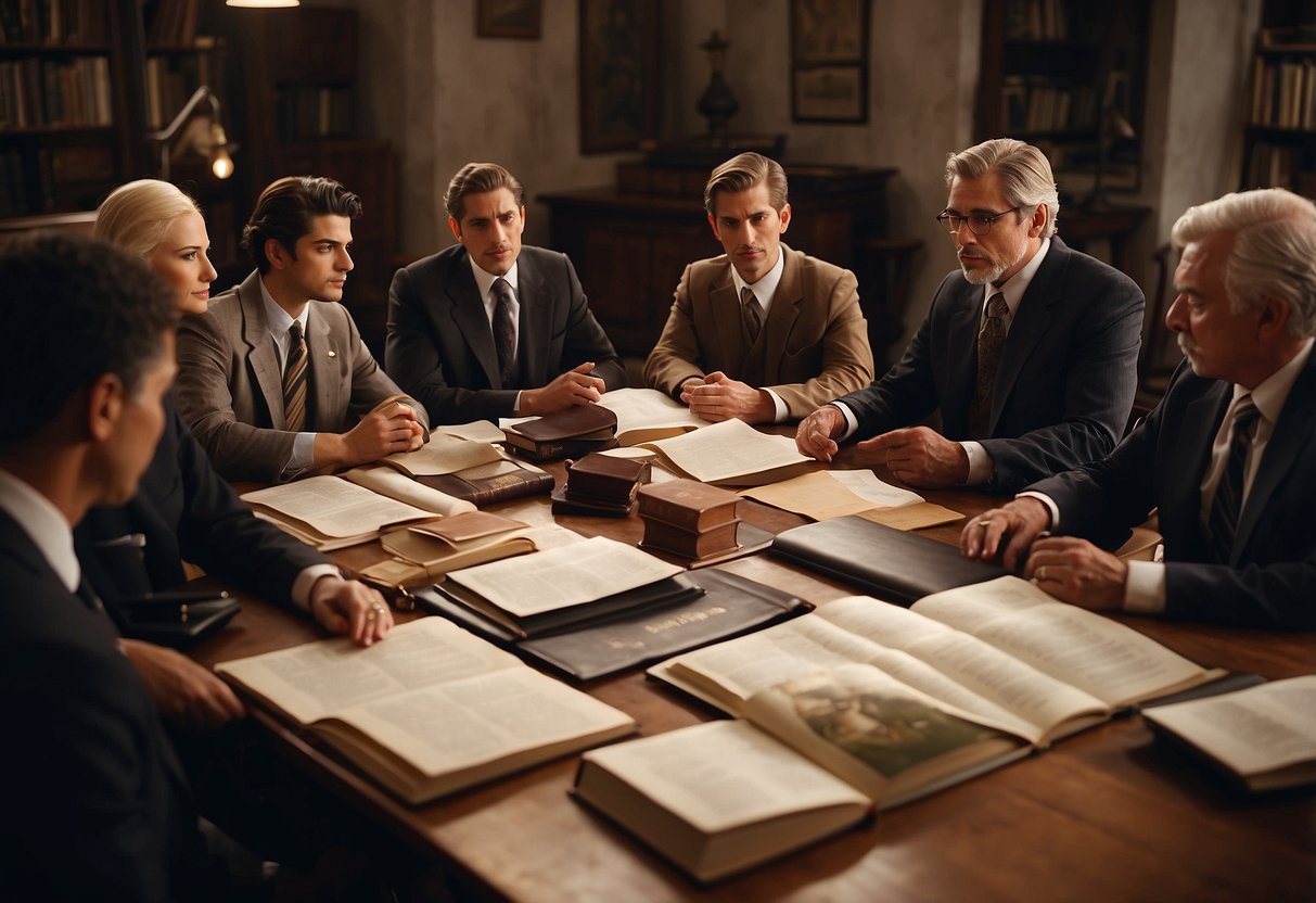 A group of diverse historical figures gather around a table, discussing social justice issues. Books and documents are scattered around, showing research and preparation. The room is filled with passion and determination