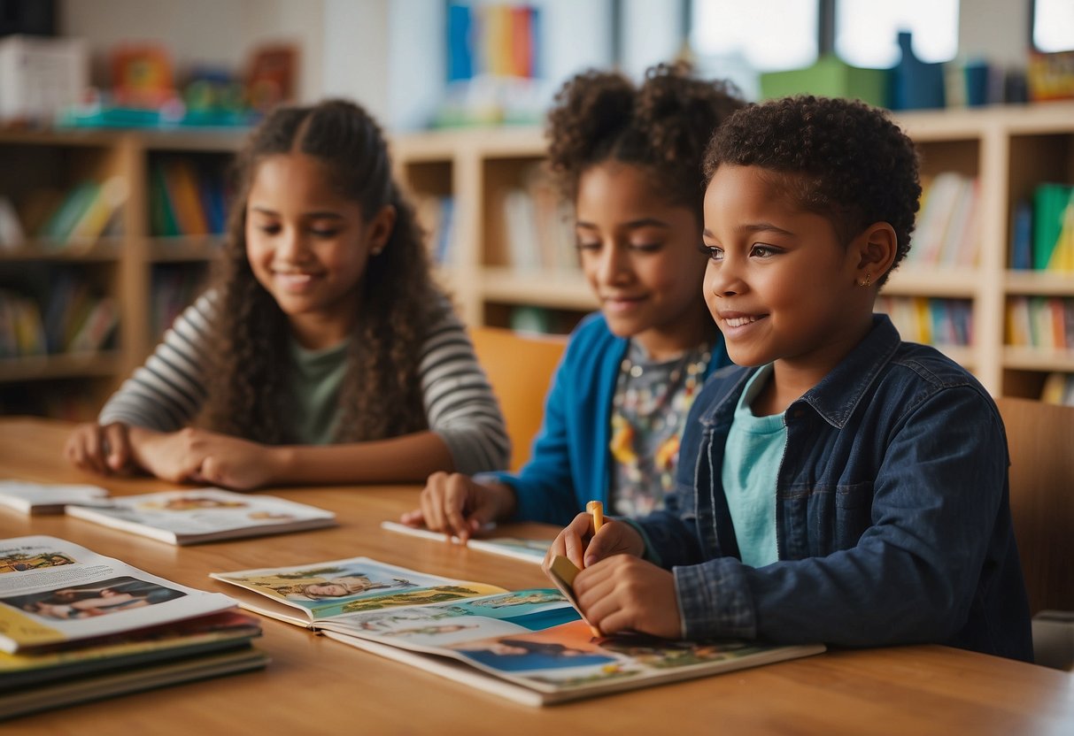 A diverse group of children engage in activities that promote understanding and empathy for social justice issues. Books, art supplies, and discussion circles create an inclusive and supportive environment