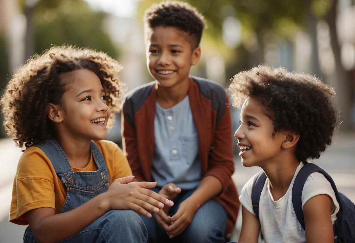 A diverse group of children engage in conversation, using inclusive language and gestures to promote understanding of social justice issues