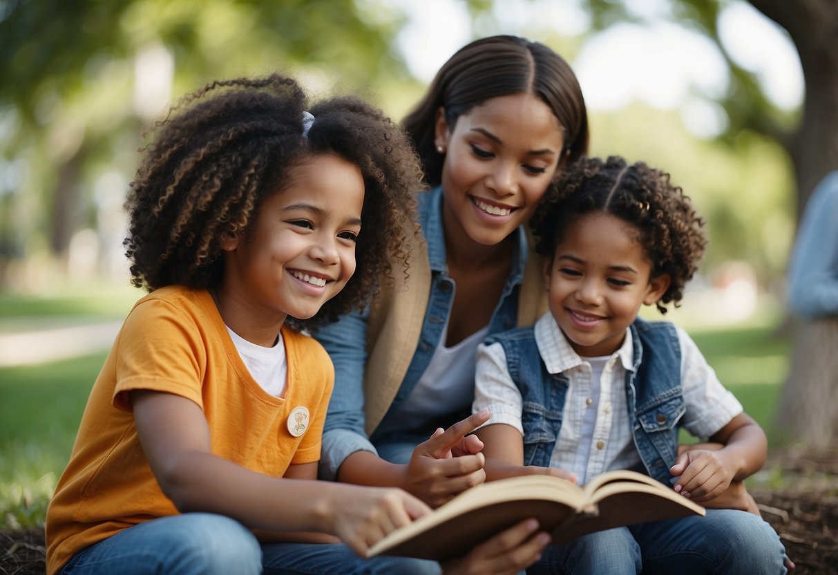 A diverse group of children and adults engage in activities promoting equality and understanding, such as reading books, planting trees, and participating in community events