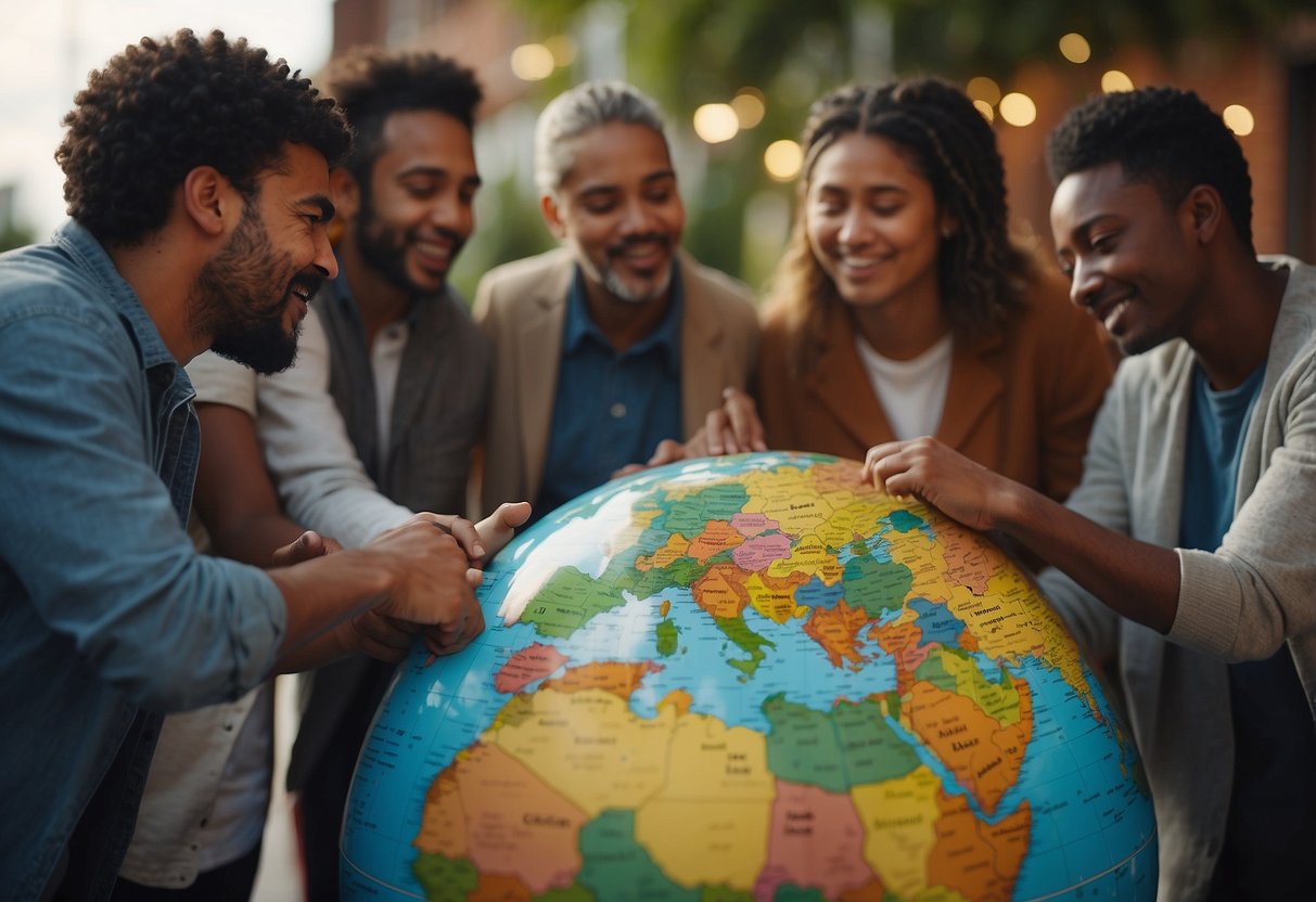 A diverse group of people gather around a globe, each person representing a different culture. They are engaged in conversation, exchanging ideas and learning from one another. The scene is filled with symbols of unity, understanding, and respect for social justice issues