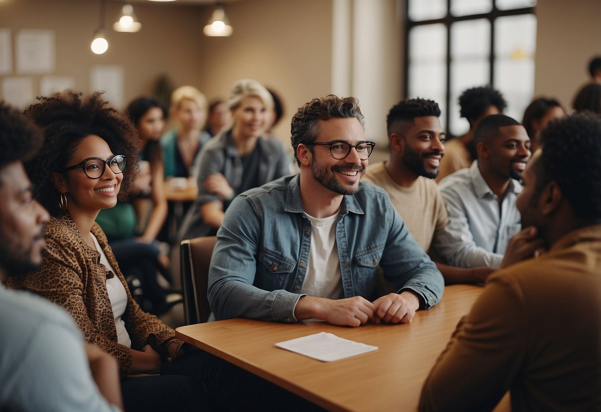 A diverse group of people gather in a community meeting, discussing social justice issues. Posters and flyers adorn the walls, and passionate conversations fill the room