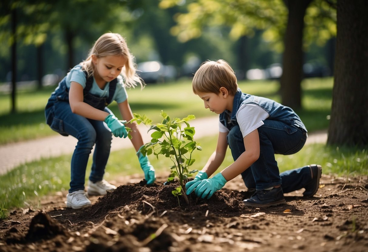 Children planting trees, recycling, and cleaning up litter in a park. Animals and plants thriving in a clean, green environment