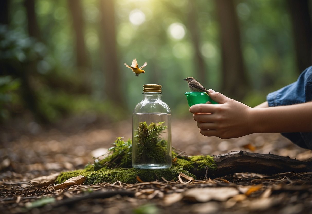 A serene forest trail with scattered litter. A child-sized hand reaches for a discarded bottle, while a bird perches nearby