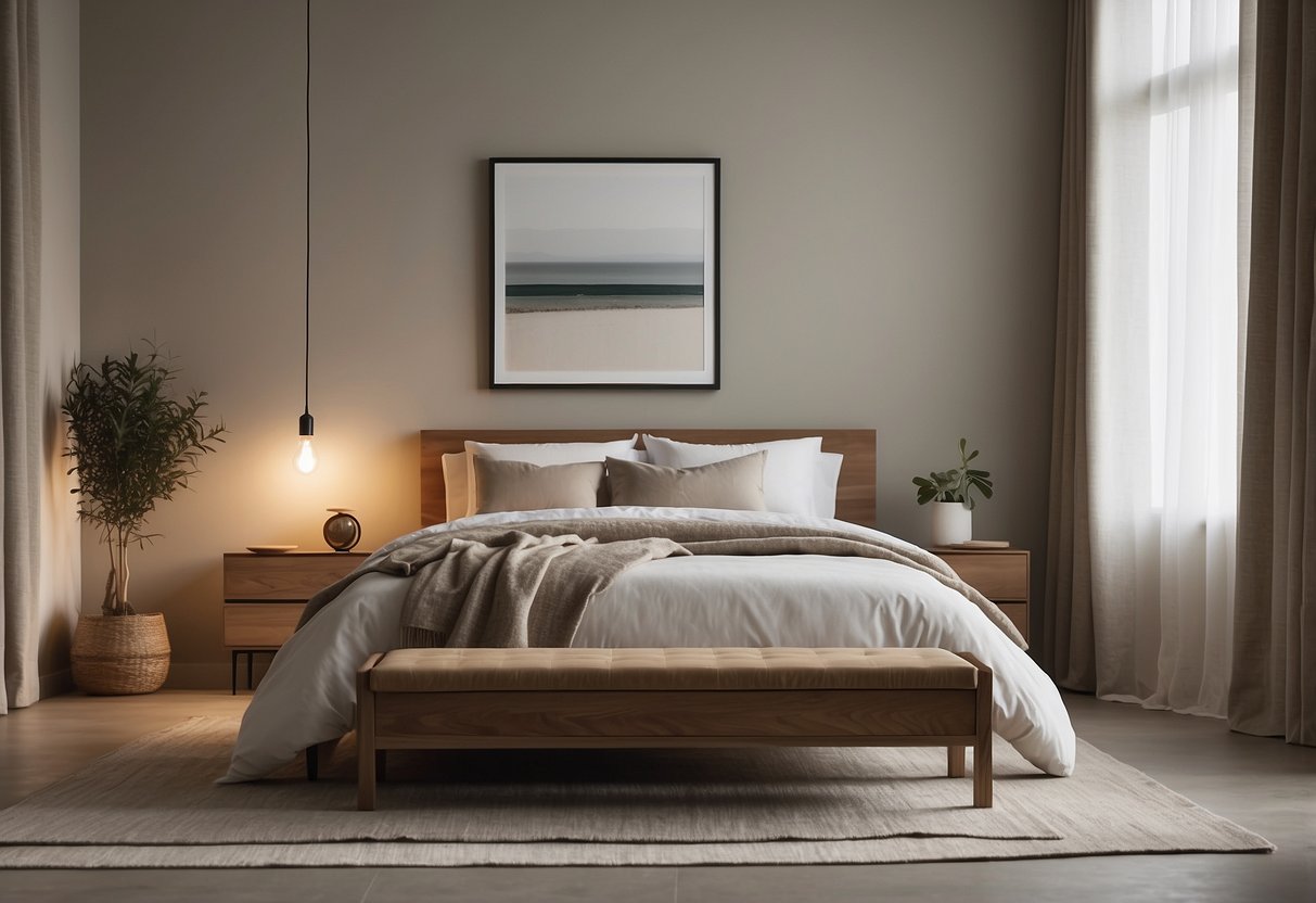 Ein ruhiges, minimalistisches Schlafzimmer mit klaren Linien, neutralen Farben und natürlichen Materialien. Ein großes, aufgeräumtes Bett steht vor einem Hintergrund aus einfachen, funktionalen Möbeln und sanfter, diffuser Beleuchtung