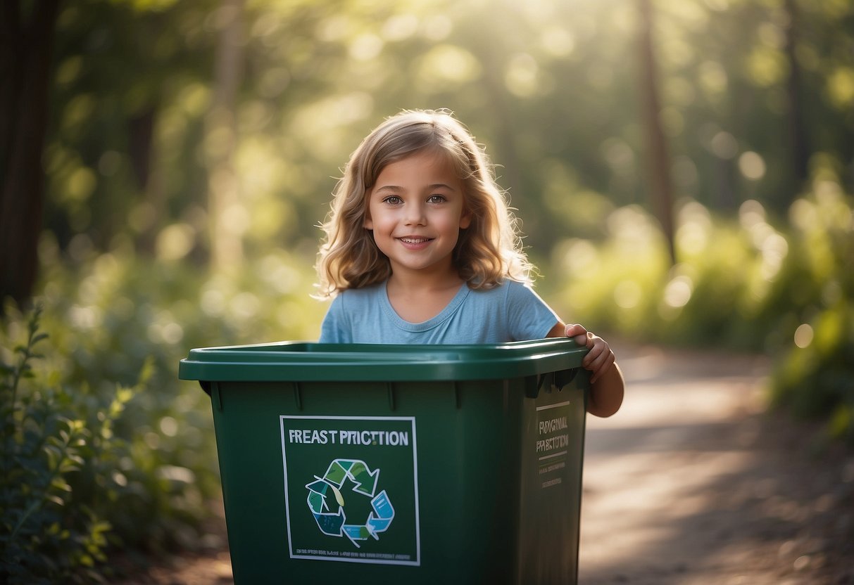 A child placing reusable bags in a recycling bin, surrounded by trees and wildlife, with a sign promoting environmental protection