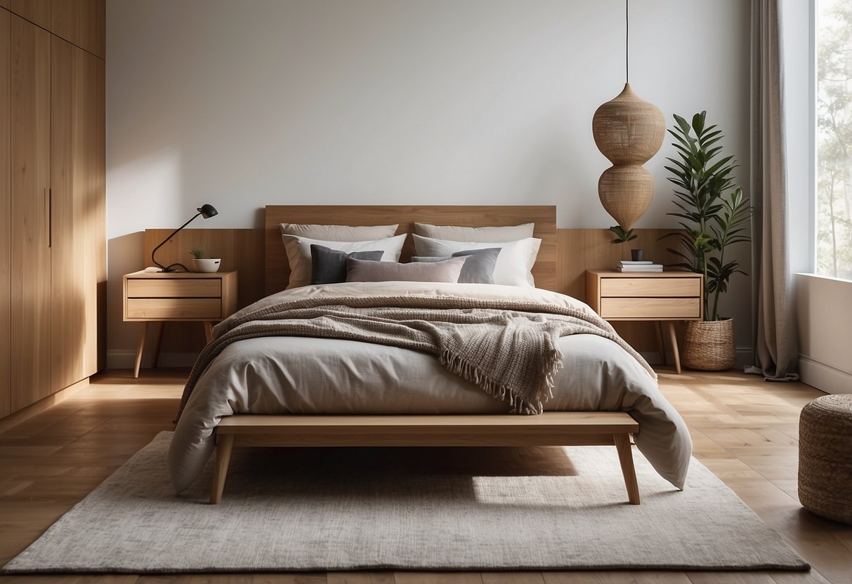 Ein ruhiges Schlafzimmer mit Naturholzmöbeln und minimalistischem Dekor. Klare Linien und schlichtes Design schaffen eine friedliche und aufgeräumte Atmosphäre