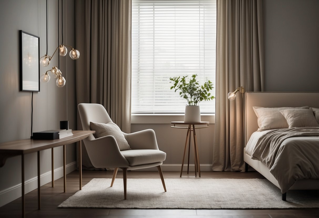 Ein elegantes, minimalistisches Schlafzimmer mit filigranen Stehlampen, die sanftes, stimmungsvolles Licht spenden. Klare Linien, neutrale Farben und aufgeräumte Oberflächen schaffen eine ruhige Atmosphäre