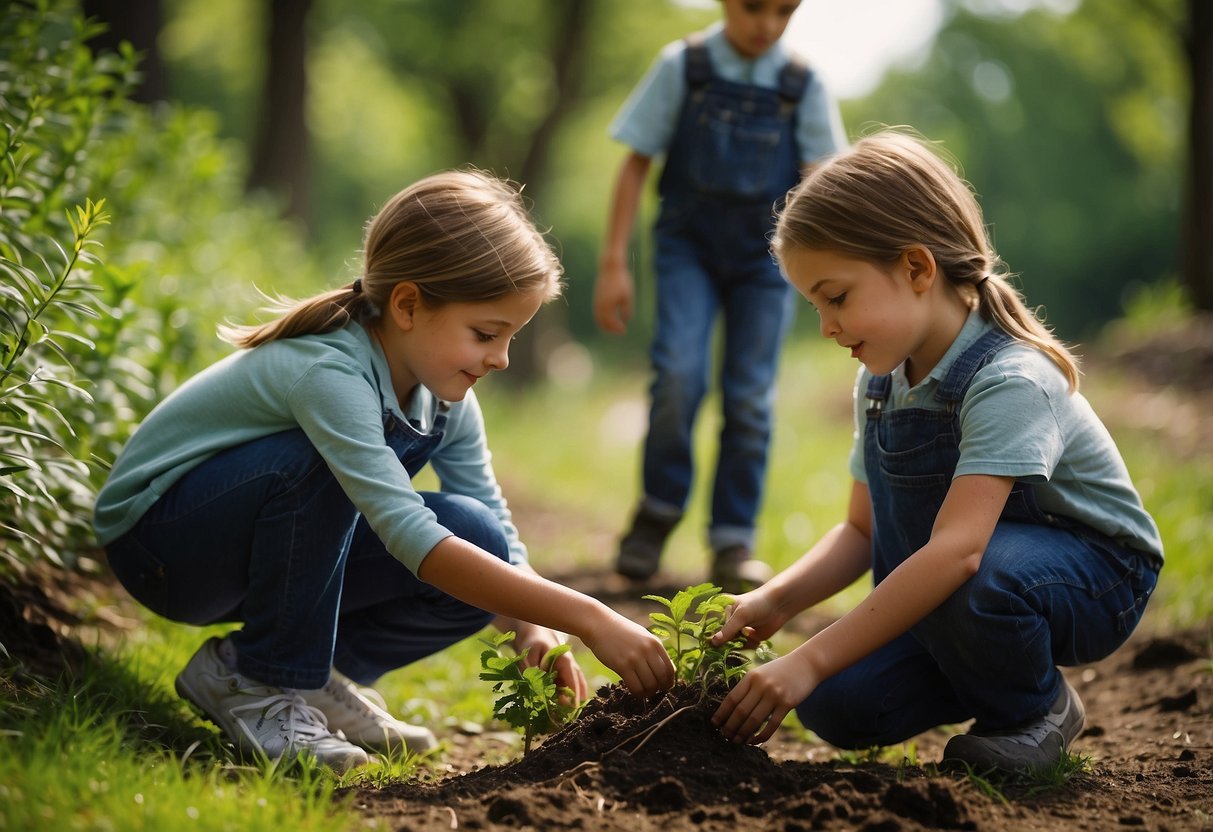 Children planting trees, picking up litter, and recycling. Animals and plants thriving in a clean, green environment. Educational posters and signs promoting environmental awareness