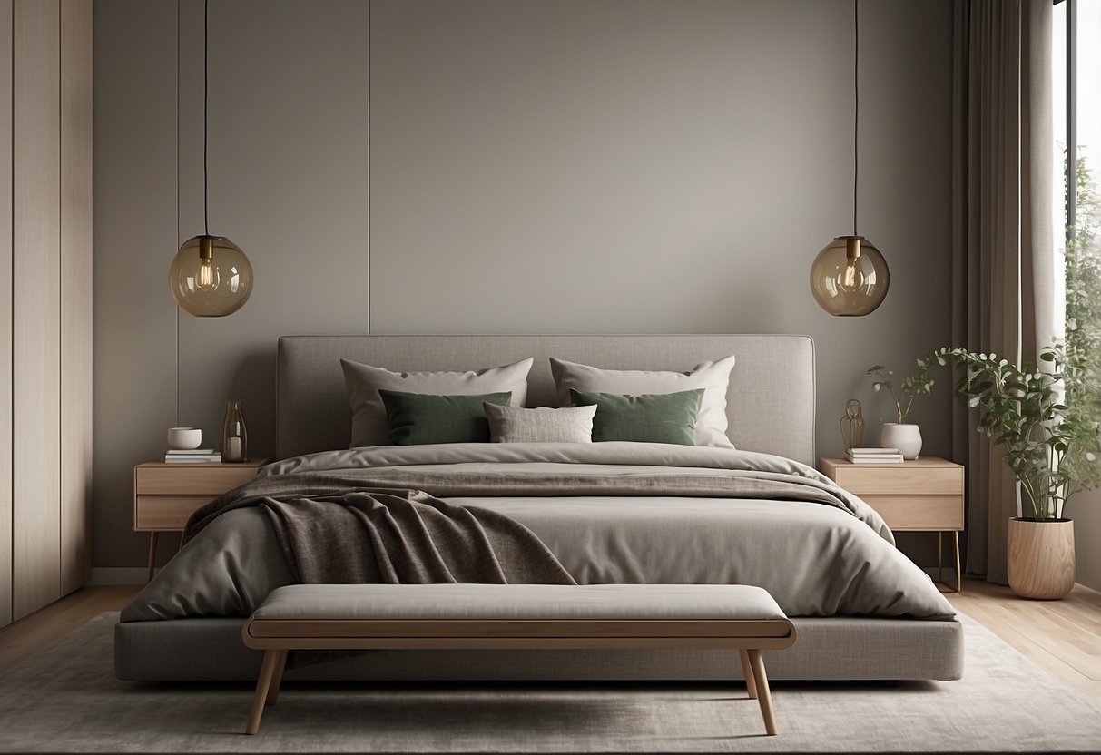 Ein minimalistisches Schlafzimmer mit Einbaumöbeln, klaren Linien und neutralen Farben. Einfache Einrichtung und aufgeräumte Räume schaffen eine ruhige Atmosphäre