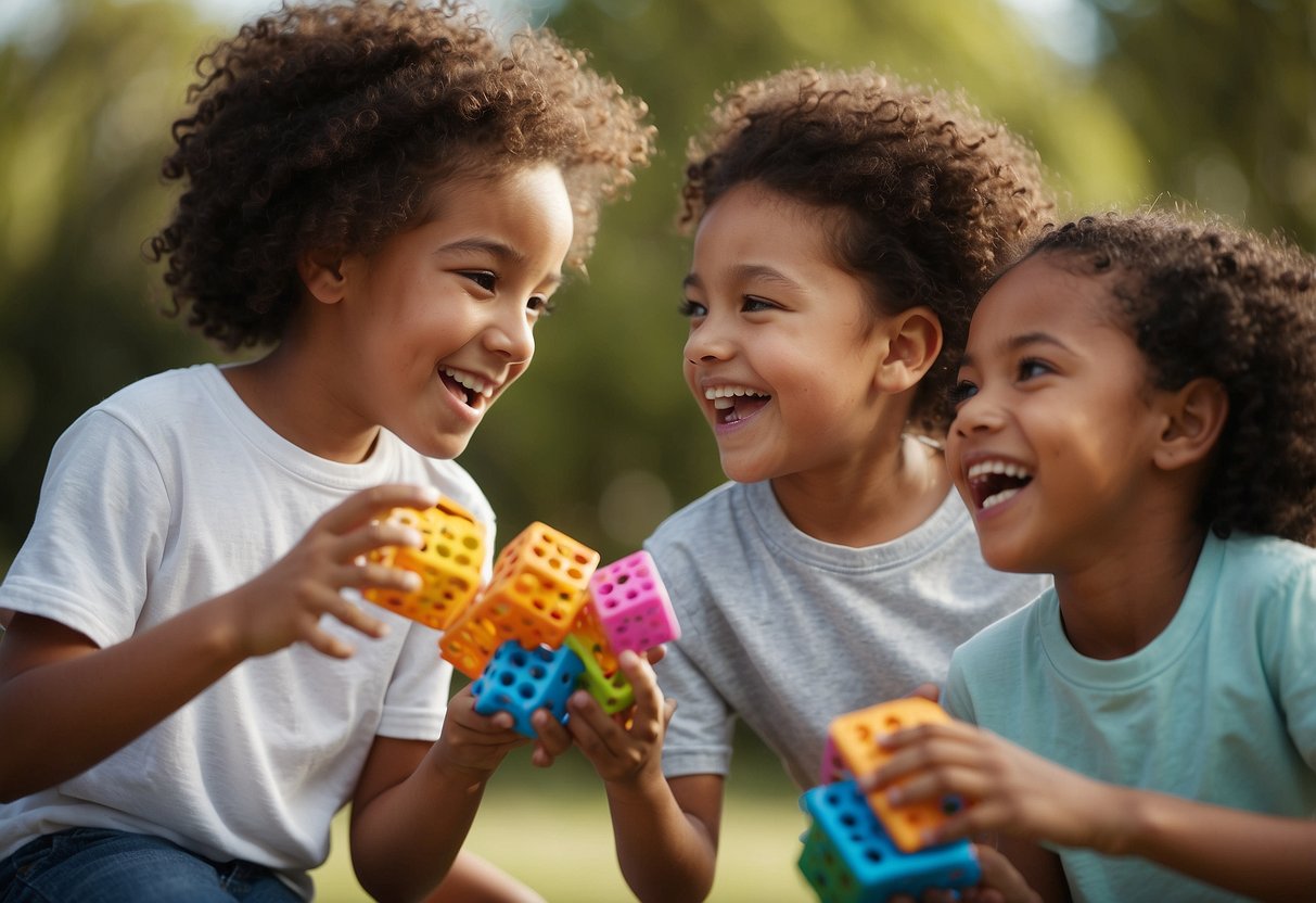 A diverse group of children playing together, showcasing different skin colors, abilities, and cultural backgrounds. They are engaged in activities that promote understanding and respect for each other's differences