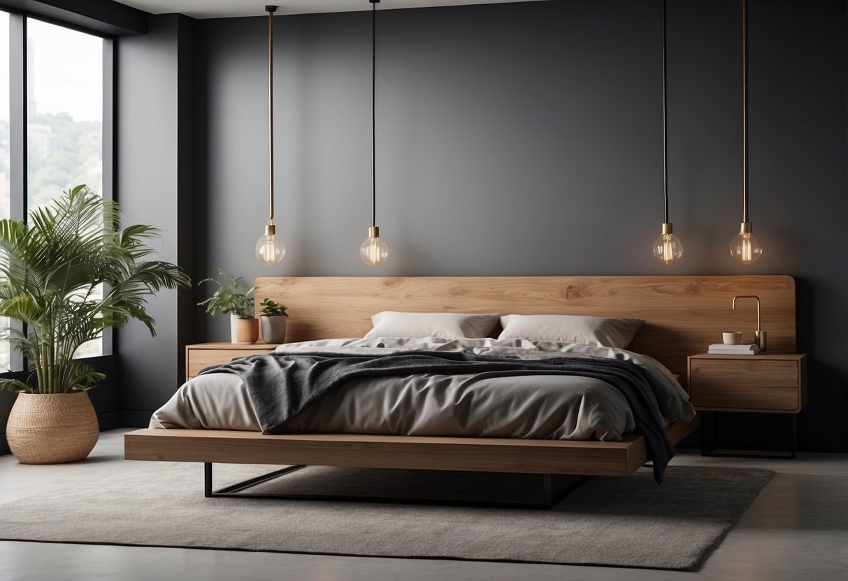 Ein minimalistisches Schlafzimmer mit einzigartigen Nachttischen und schlichtem Dekor