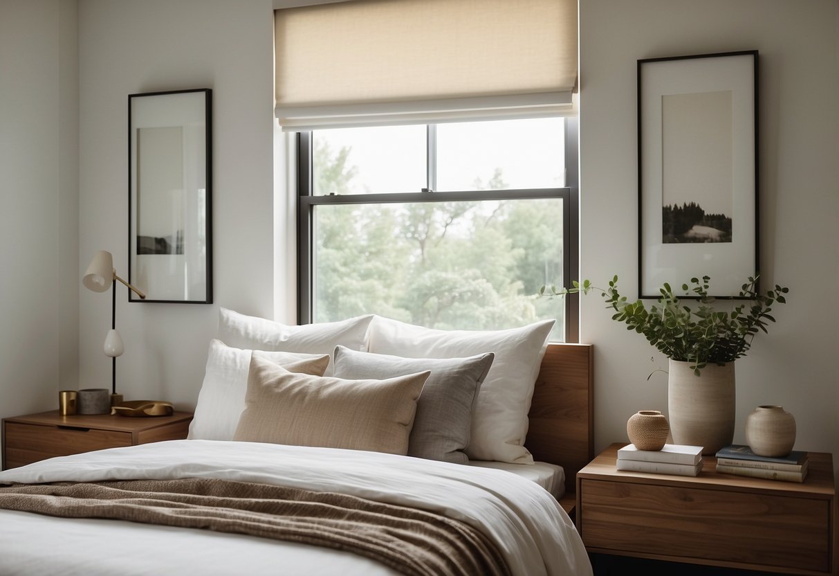 Ein ruhiges Schlafzimmer mit klaren Linien, neutralen Farben und minimalistischem Dekor. Ein niedriges Plattformbett mit frischer weißer Bettwäsche, ein eleganter Nachttisch mit einer einfachen Lampe und ein großes Fenster, das sanftes natürliches Licht hereinlässt