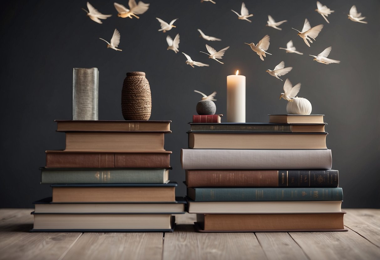 Bücher fliegen aus minimalistischen Regalen in einem ruhigen Schlafzimmer