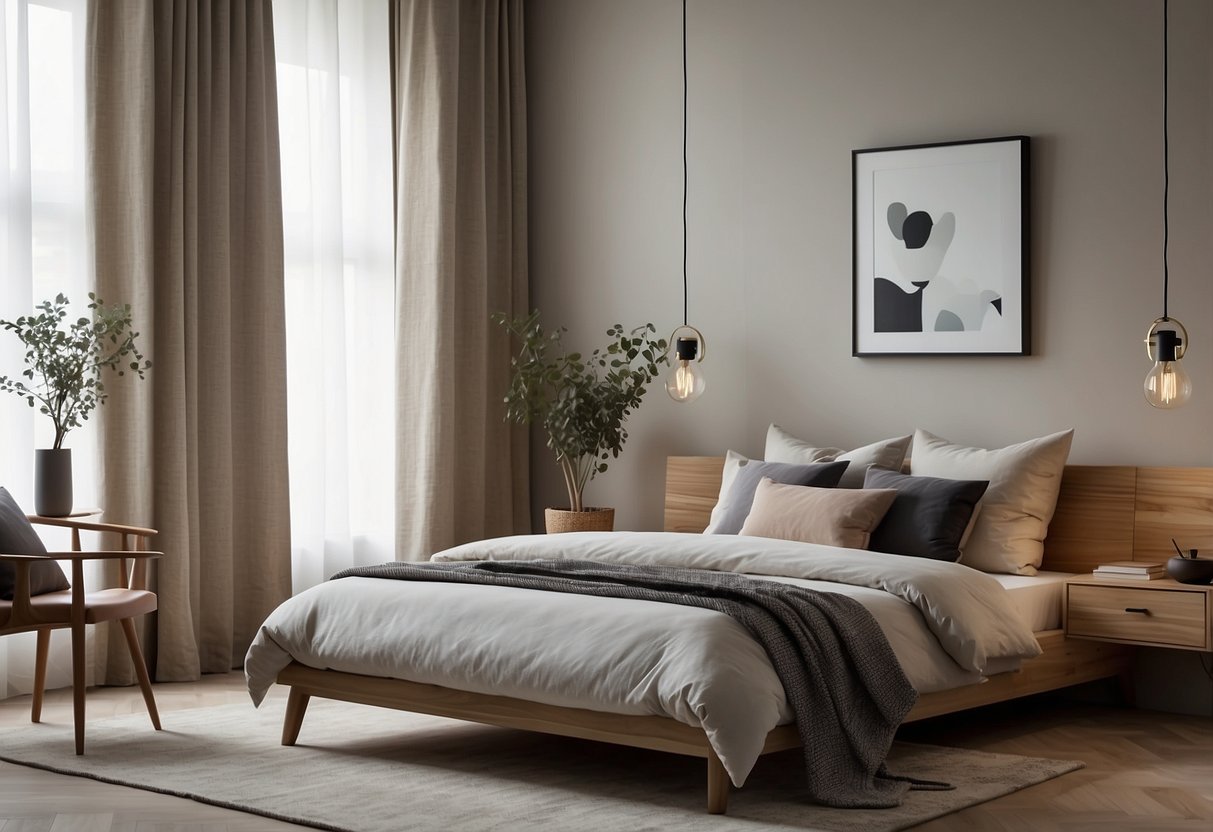 Minimalistisches Schlafzimmer mit Leinenvorhängen, einfachen Möbeln und neutralen Farben. Klare Linien und aufgeräumter Raum schaffen eine ruhige Atmosphäre