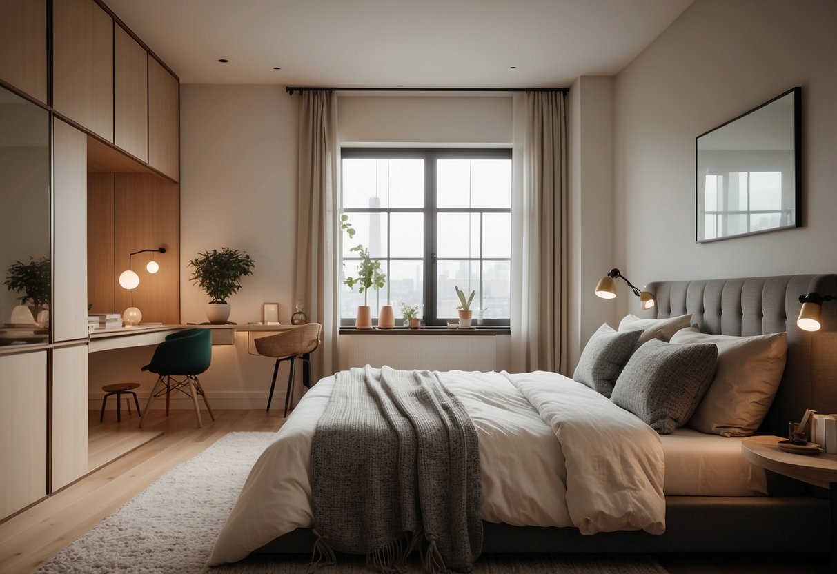 Ein gemütliches Schlafzimmer mit warmer Beleuchtung und minimalistischem Dekor. Klare Linien, neutrale Farben und schlichte Möbel schaffen eine ruhige und friedliche Atmosphäre