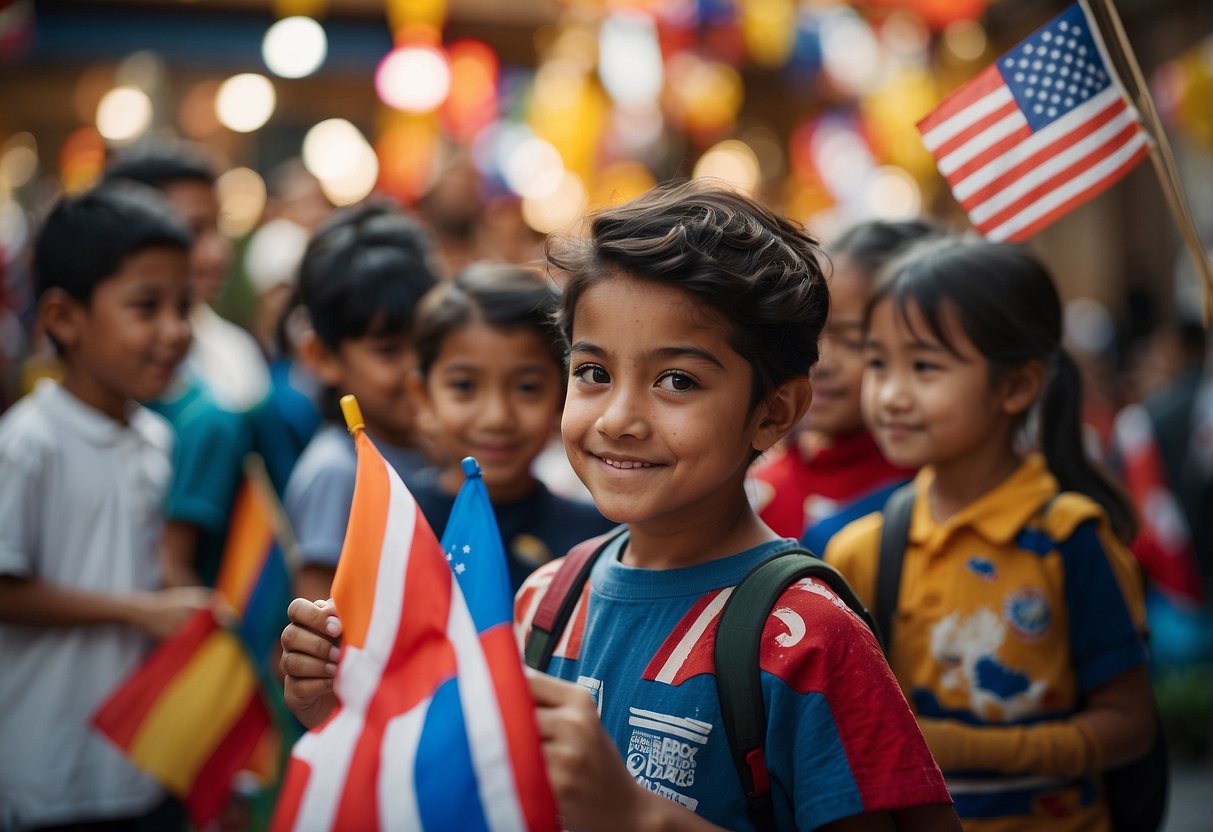 Children explore diverse cultural centers, engaging in activities and learning about different traditions. Flags, art, and interactive displays fill the vibrant space