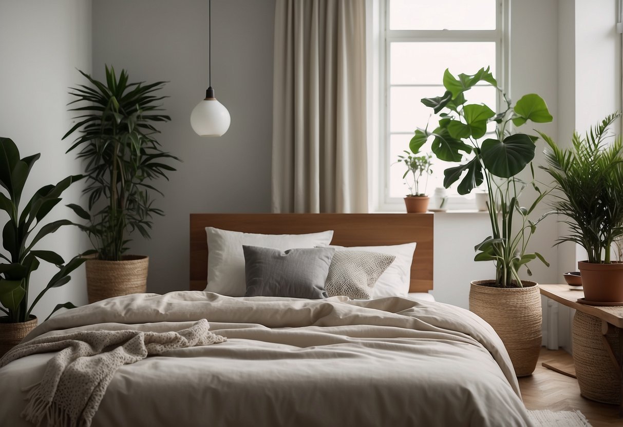 Ein ruhiges Schlafzimmer mit minimalistischem Design. Ein einfaches Bett mit neutraler Bettwäsche, umgeben von Topfpflanzen und sanfter Beleuchtung