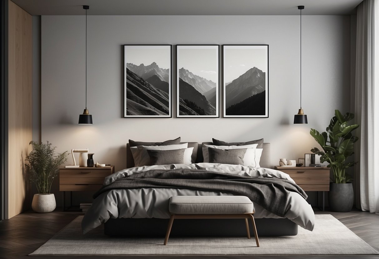 Ein minimalistisches Schlafzimmer mit Schwarz-Weiß-Fotos an der Wand, klaren Linien und einfachen Möbeln