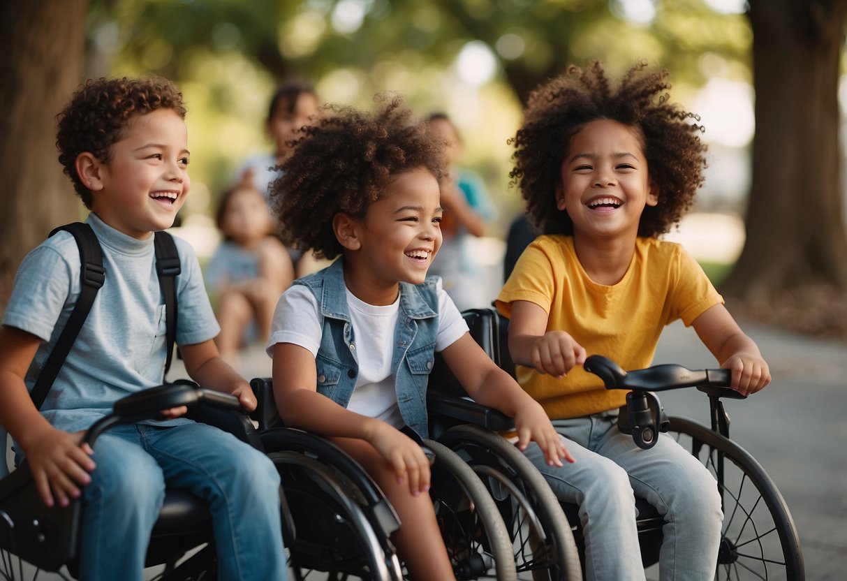 A diverse group of children playing together, sharing toys and laughing. Some children are in wheelchairs, others have different skin colors and hairstyles. They are all smiling and having fun